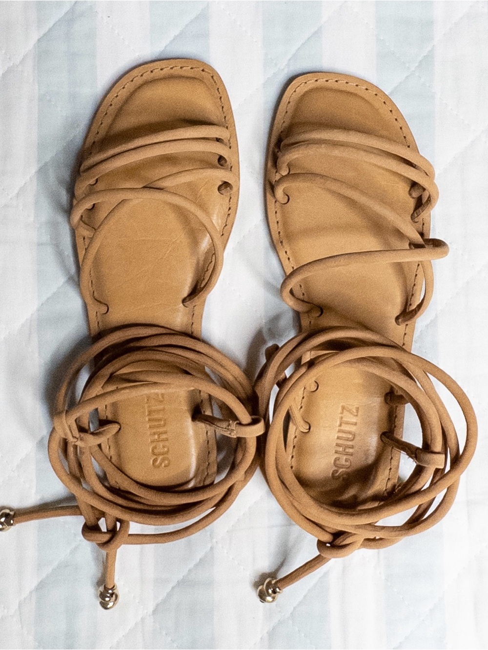 Schutz Madalena Flat Lace-Up Sandals Nougat Caramel NWT Size 7B - Picture 7 of 12